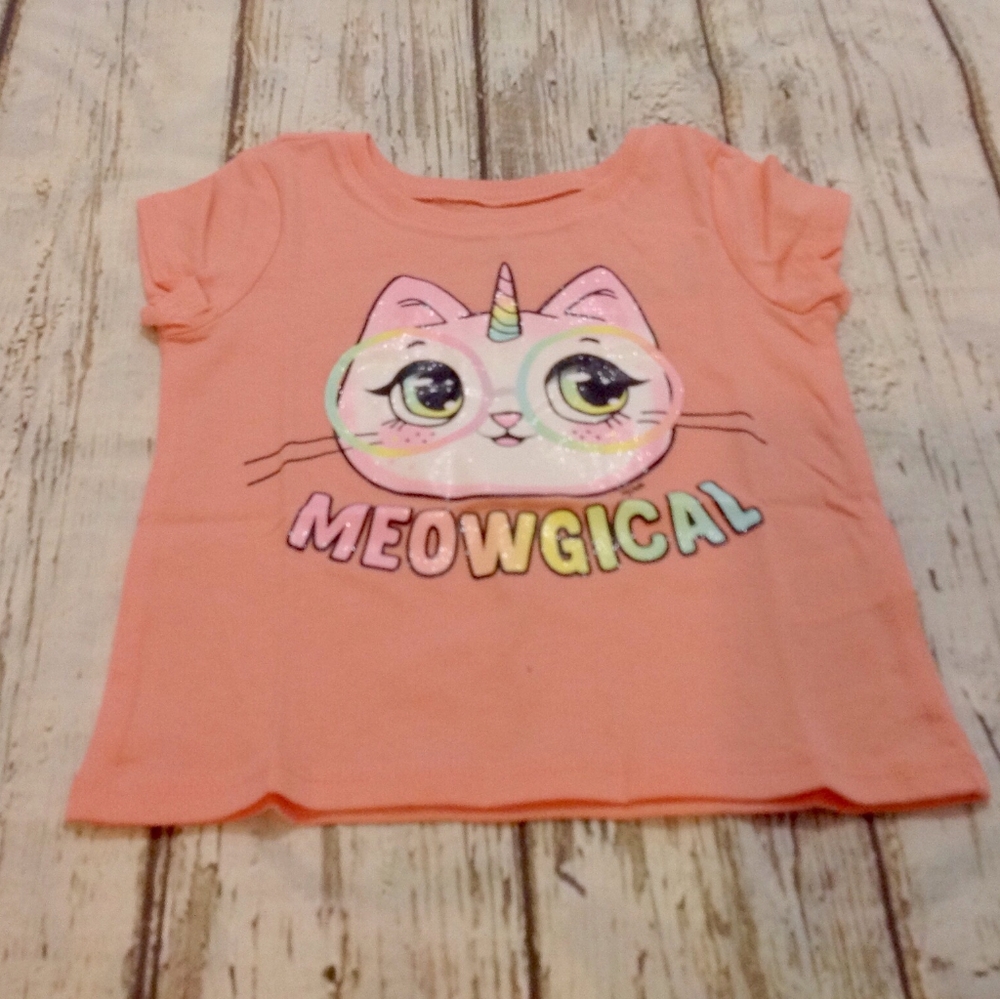 Unicorn Kitty Girls Shirt. NWT Bright Coral